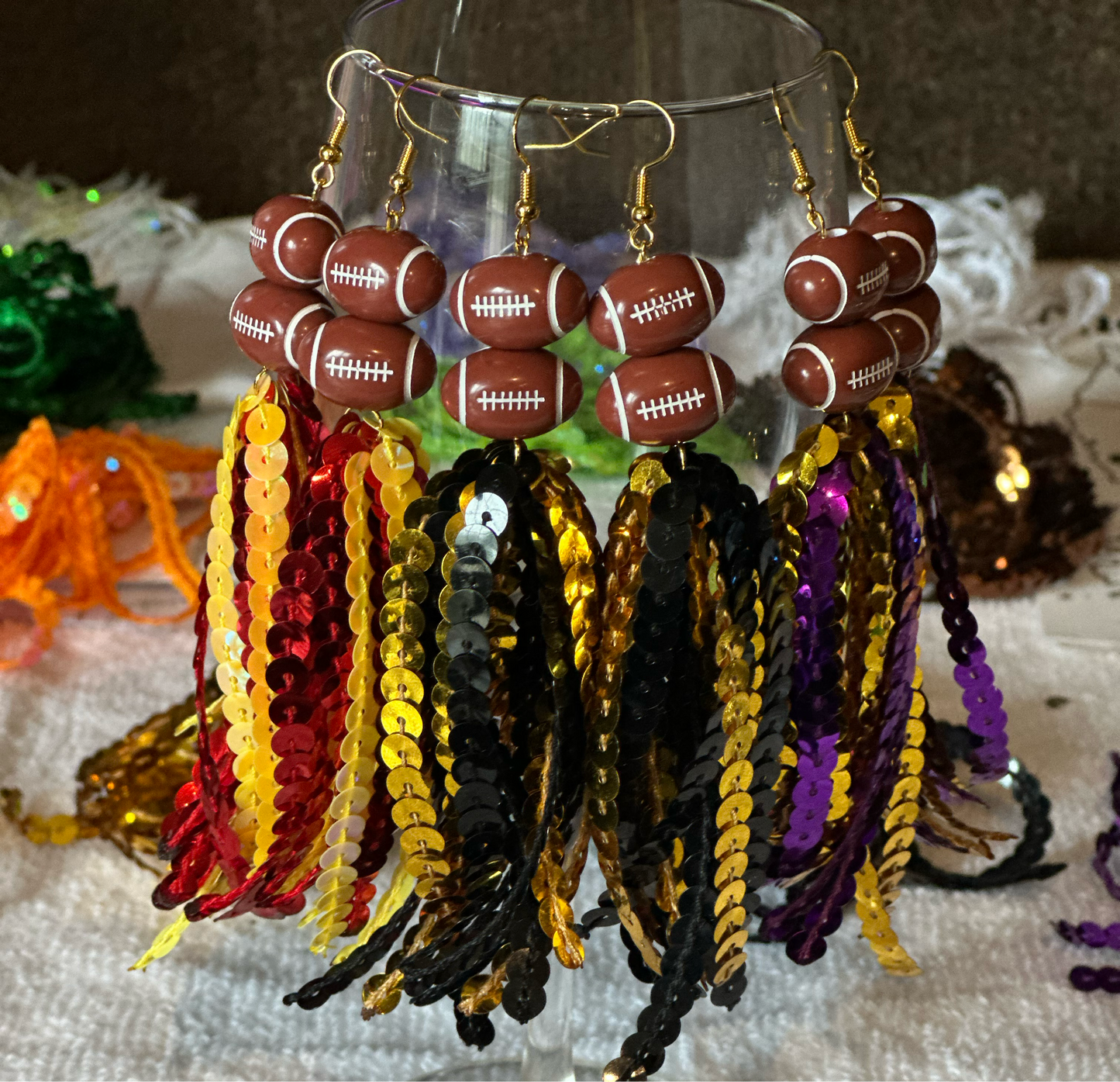 Sequin Tassel Earrings w/football charm